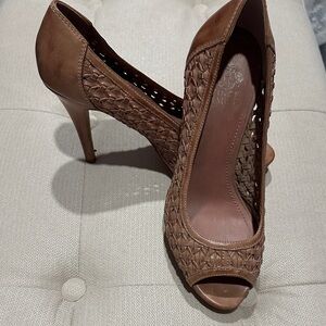 Vince Camuto Tan Woven Peep-Toe Heels